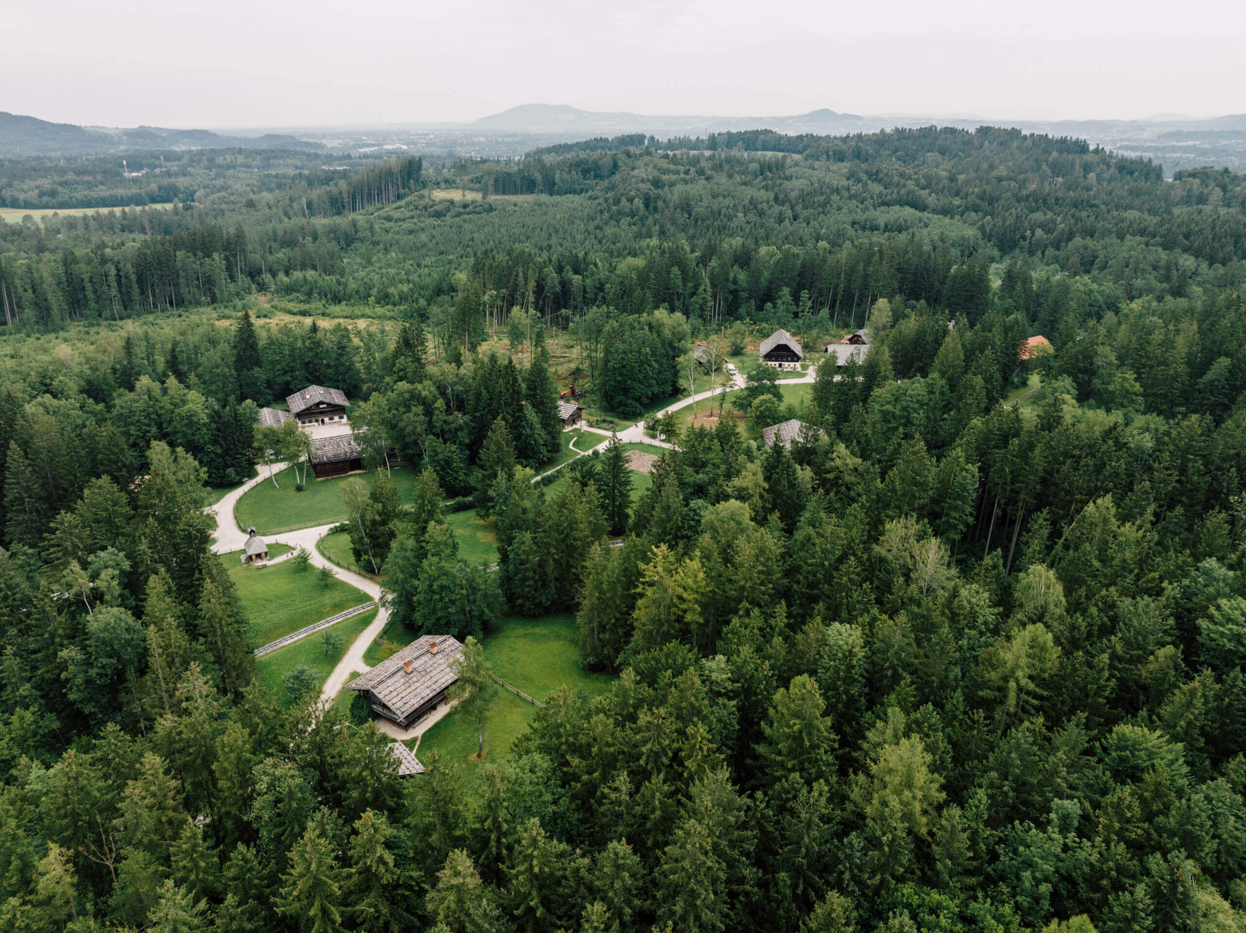 Aerial view of Salzburg Open-Air Museum – tradition meets nature.