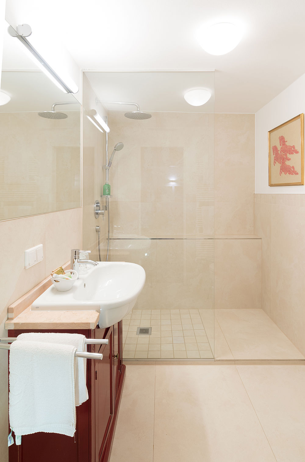 Badezimmer des Doppelzimmers mit Blick auf die Dusche im Familienhotel Amadeus