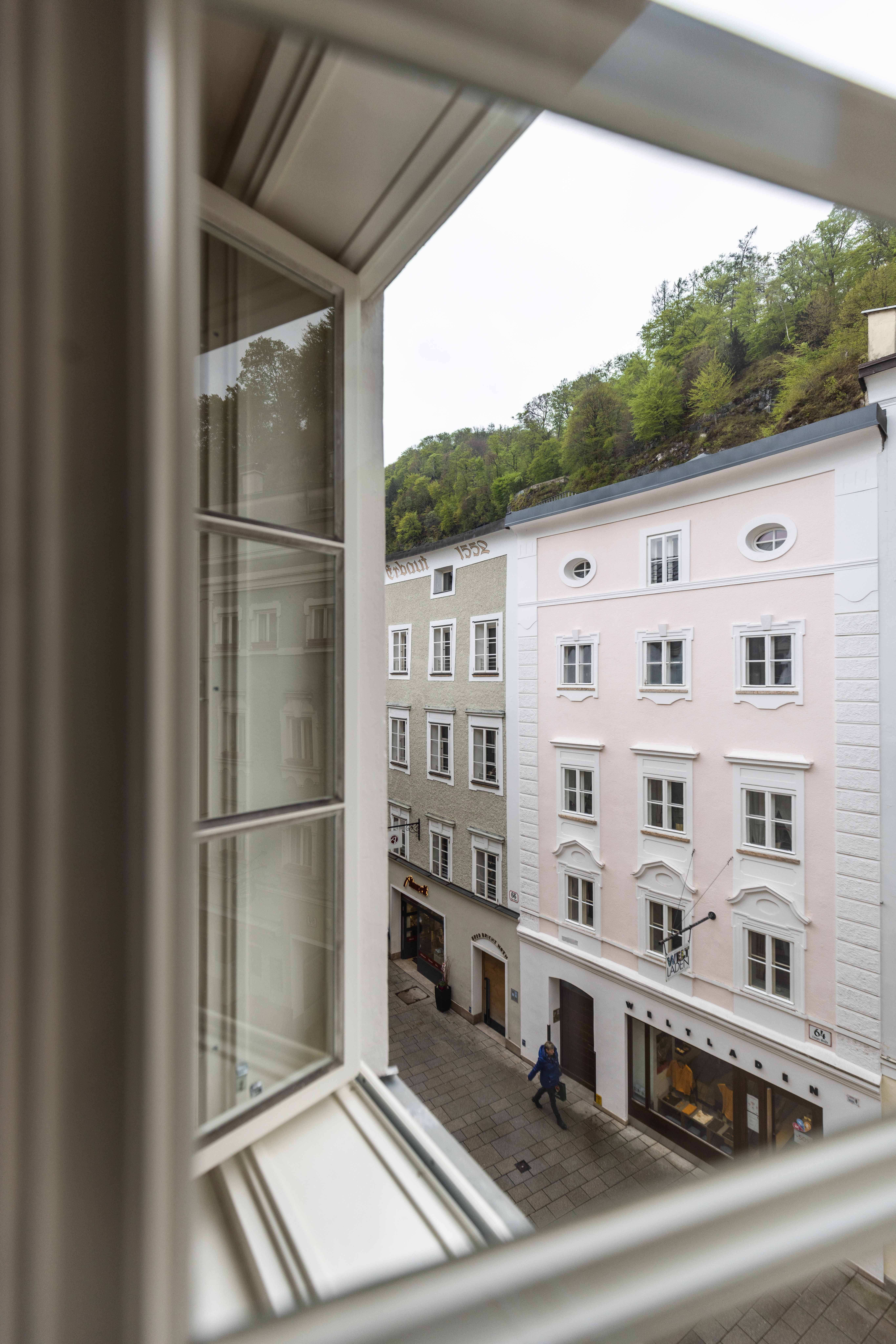 Room view of the Linzer Gasse in the old town of Salzburg